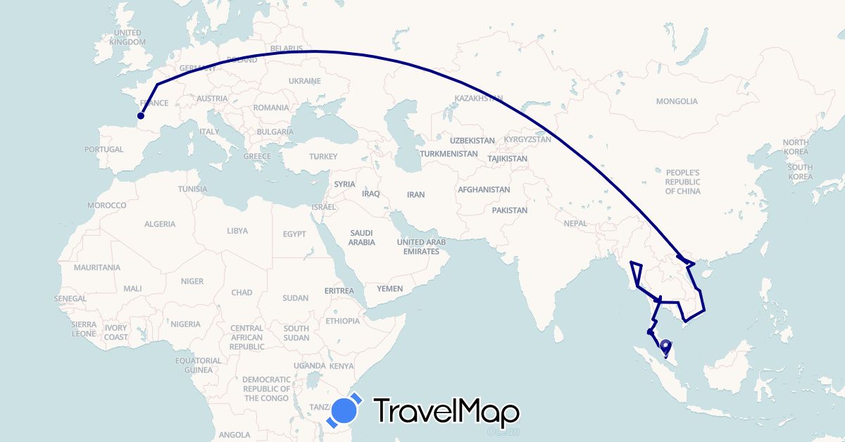 TravelMap itinerary: driving in France, Cambodia, Myanmar (Burma), Malaysia, Thailand, Vietnam (Asia, Europe)